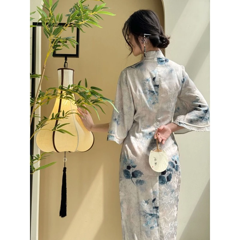 画报夫人新中式＜晚香玉＞提花缎面旗袍倒大袖旗袍复古中式春秋
