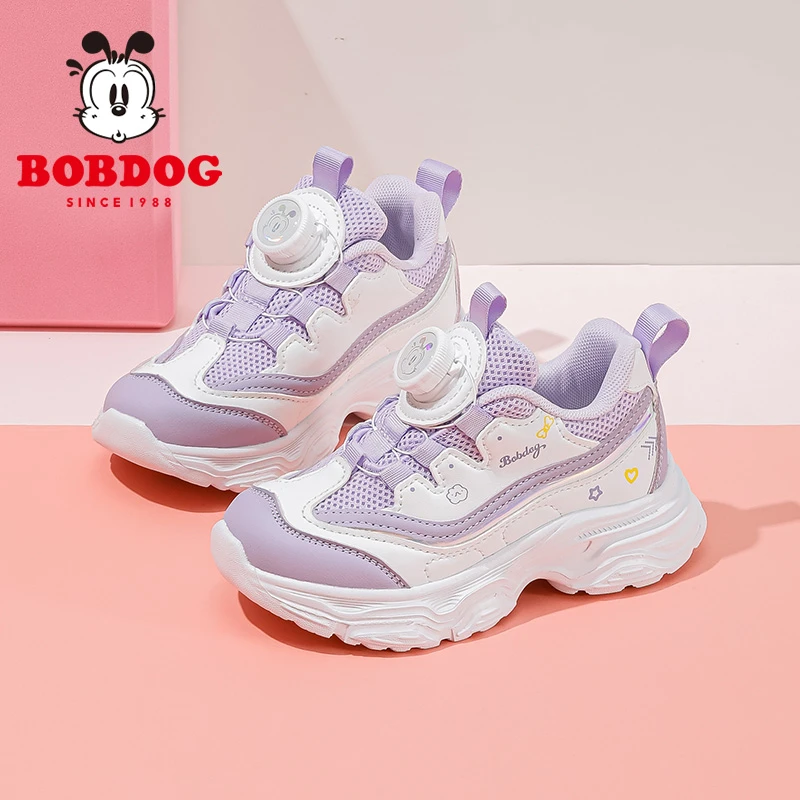 巴布豆女童鞋旋转纽扣儿童运动鞋春秋新款网面透气女孩跑步鞋防滑