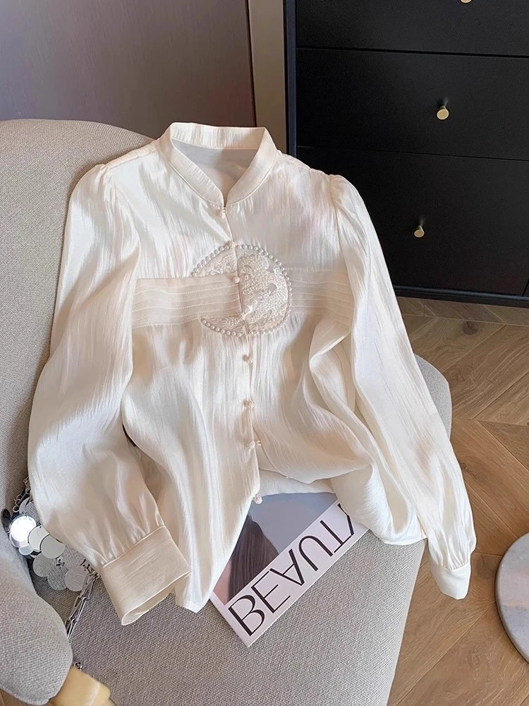 新中式国风复古改良盘扣立领长袖衬衫女秋季温柔禅意宽松休闲衬衣