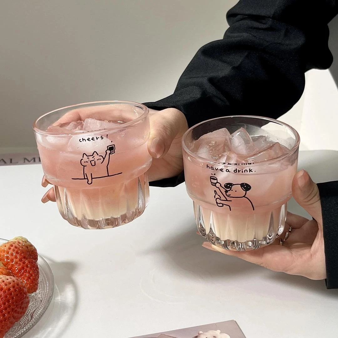 ins风可爱小狗玻璃杯喝水杯子牛奶咖啡早餐燕麦杯果汁饮料杯美式