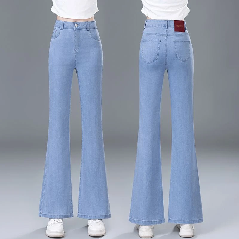 时尚气质天丝牛仔微喇裤女夏季新款薄款垂感显瘦冰丝喇叭休闲裤子