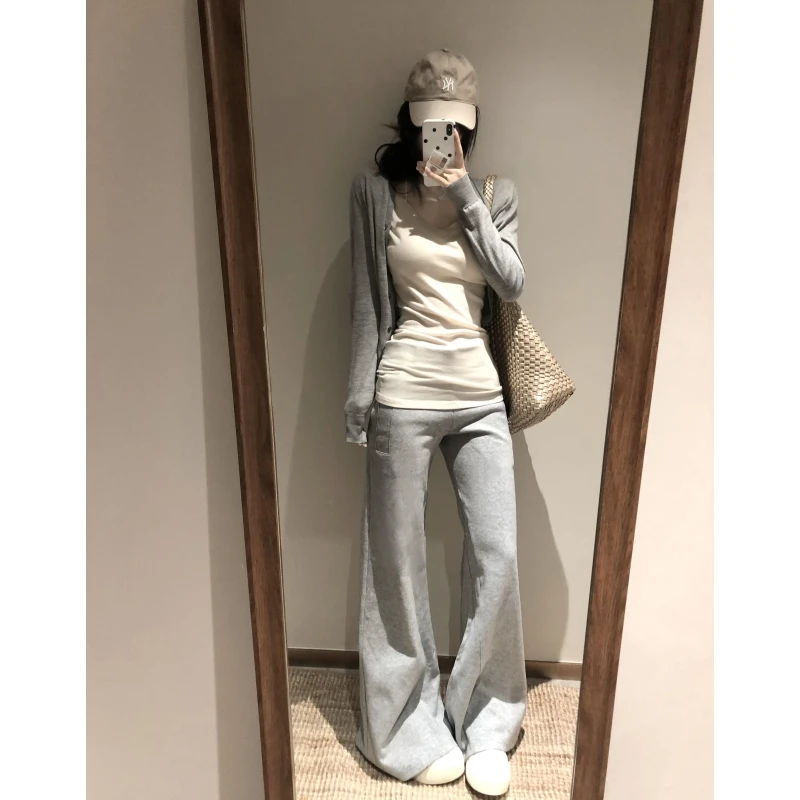 180高个子175加长灰色休闲微喇裤女复古低腰显瘦垂感不贴腿喇叭裤