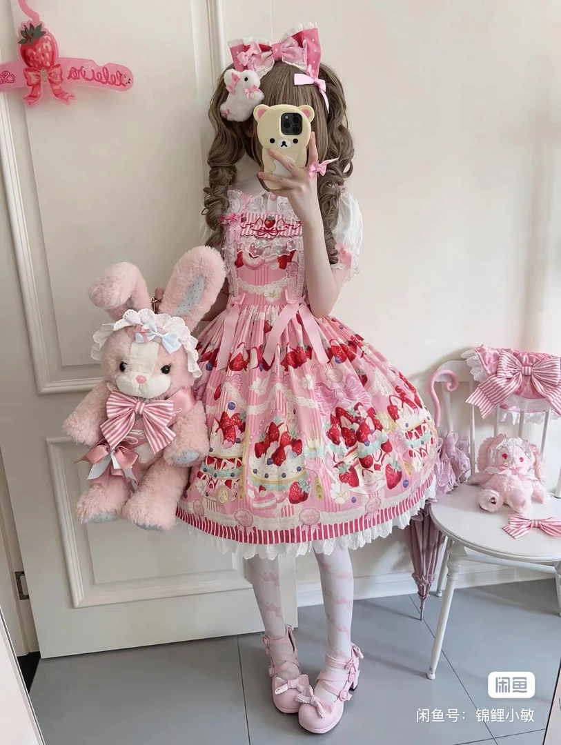 可爱甜美古早doll感条纹草莓Lolita甜心裙夏季连衣裙