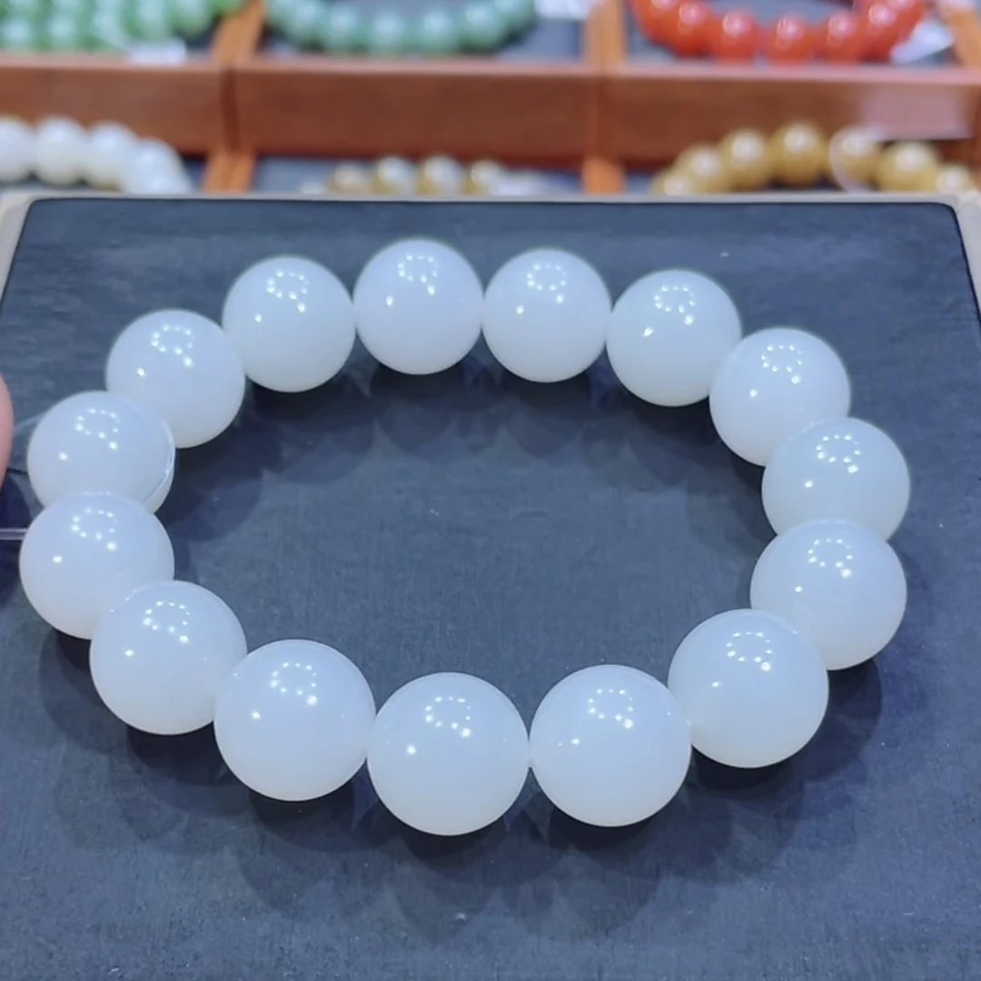 半价福利！和田玉老俄料巴沙羊脂白玉手串14mm