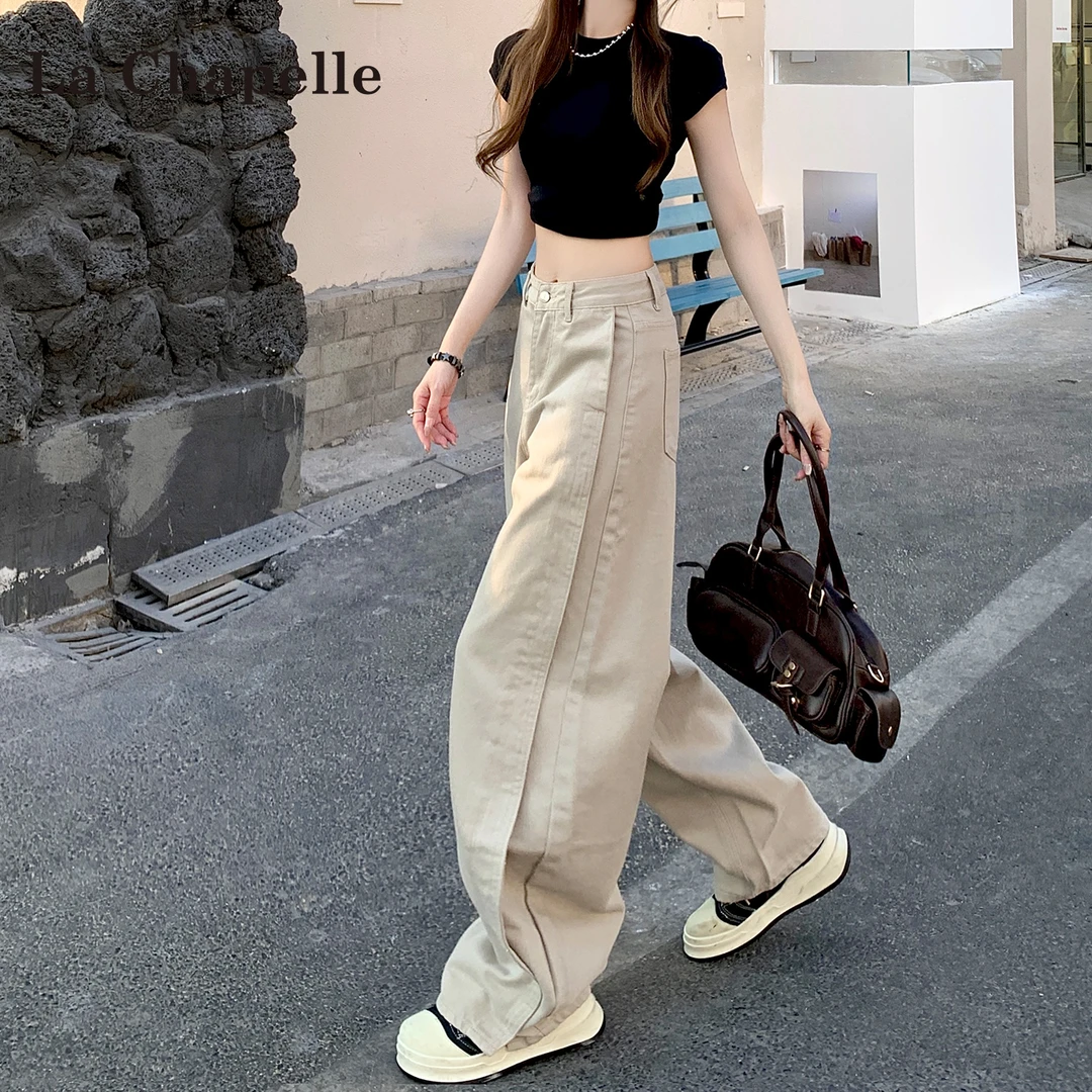 拉夏贝尔莫迪蓝灰休闲裤女2025早秋季新款垂感宽松显瘦洋气弯刀裤