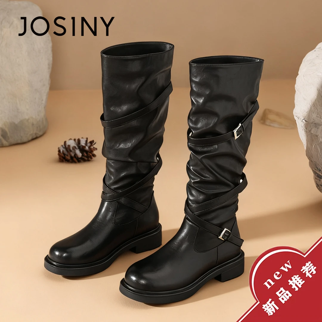 卓诗尼英伦风粗跟长筒靴女2025新款冬季旅游骑士靴褶皱显瘦堆堆靴