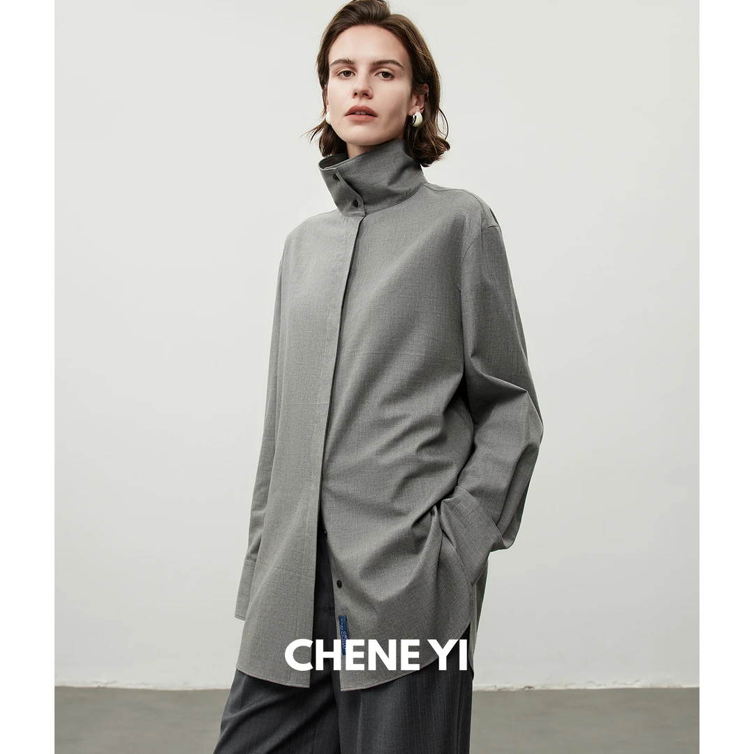 CHENE YI 造型感两穿立领/翻领微阔型宽松灰色设计感衬衫女上衣