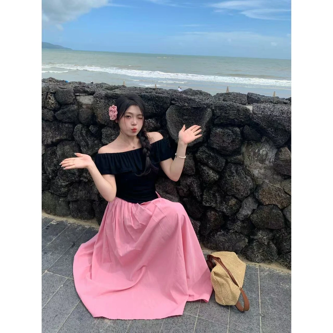 【Crush女孩】清清价 微胖定制一字肩荷叶边上衣+显瘦粉色半裙