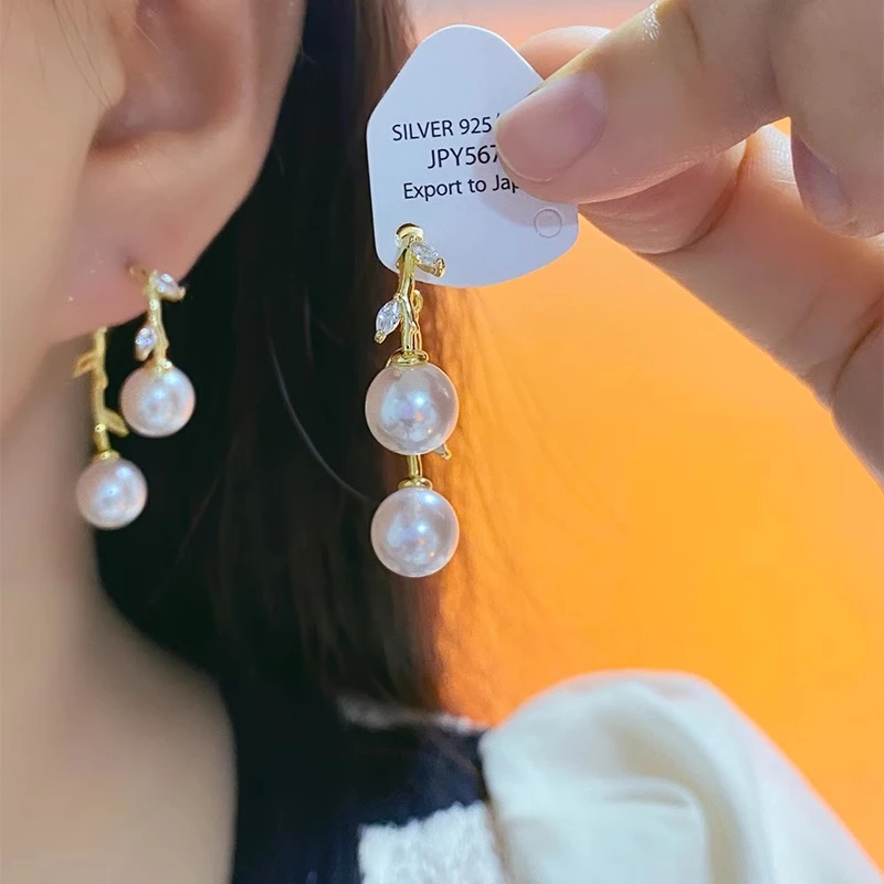 铜合金耳饰 一款两戴锆石叶子珠珠耳环爆款气质百搭耳饰