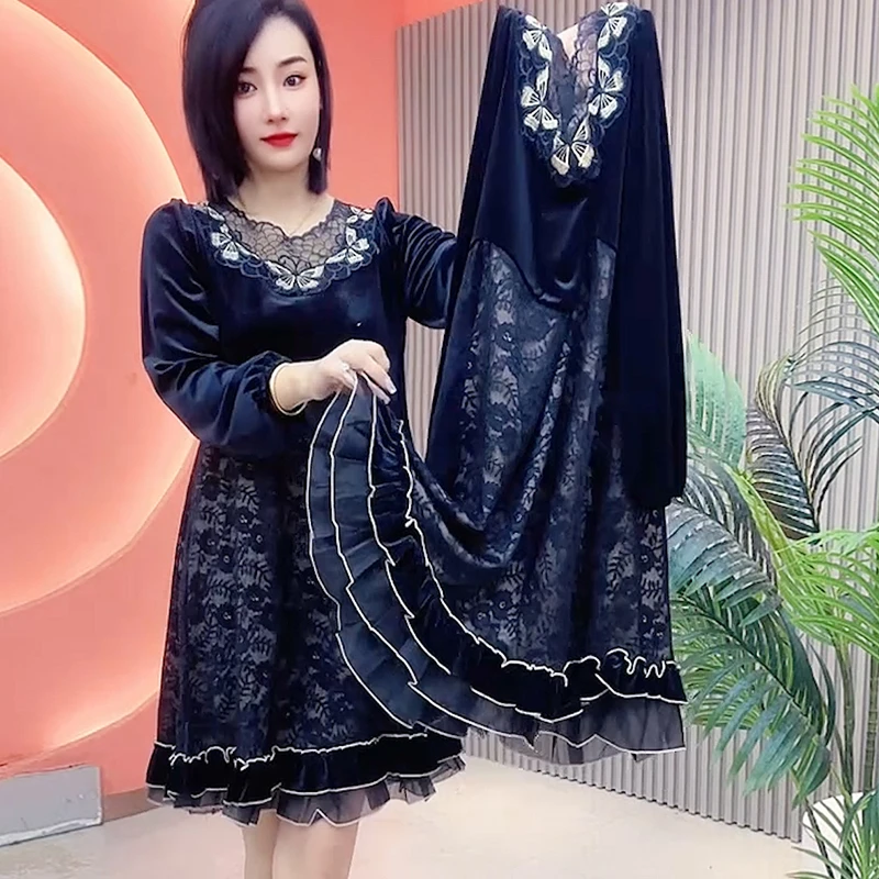 秋季妈妈装拼接A字裙轻熟风碎花连衣裙套头款洋气宽松腰中长裙子