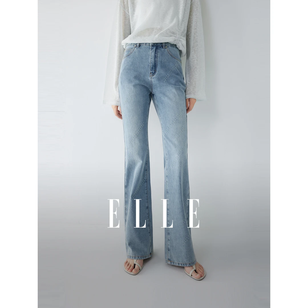 【粉丝专属】ELLE法式提花高腰牛仔裤25秋季新款复古设计感EQ52194