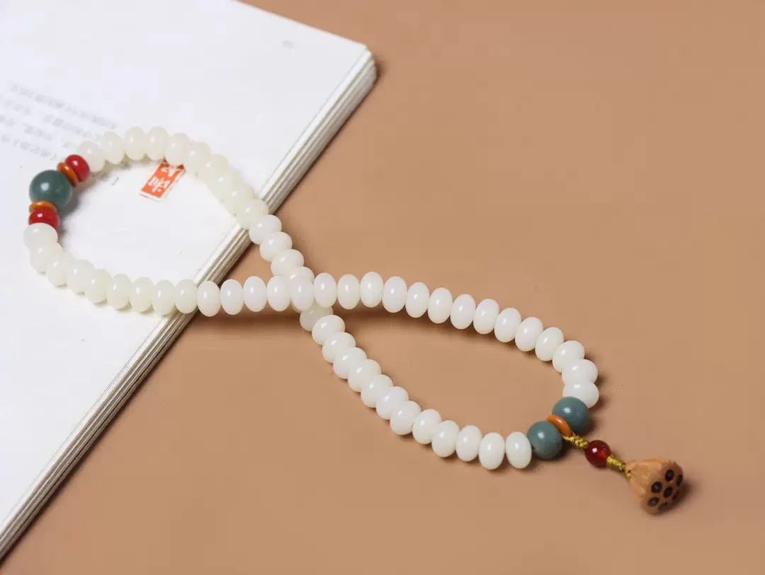 白玉菩提莲花双圈佛珠文玩手串（送盘玩袋.菩提单圈手串.鉴定珠）