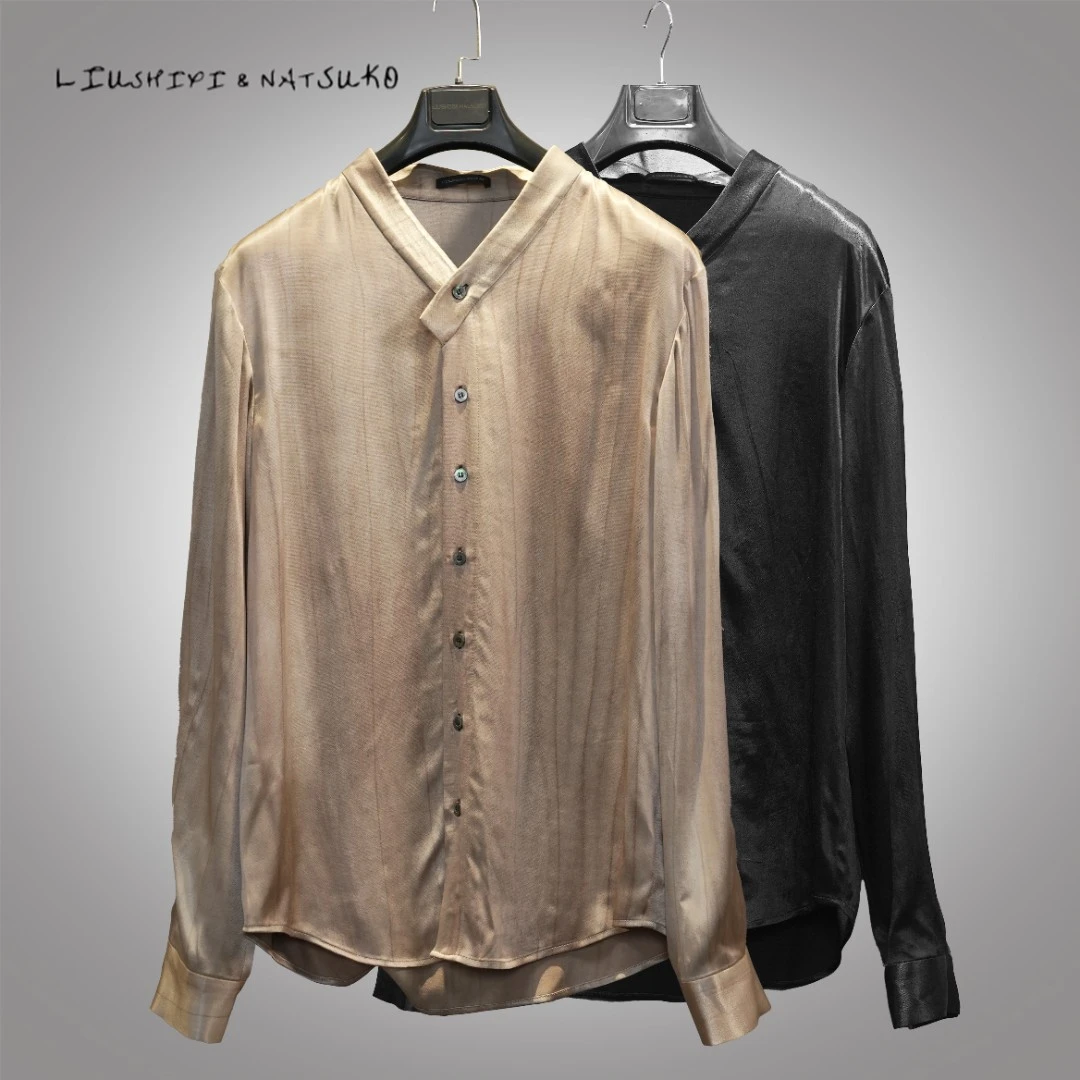 L&N夏季男士复古休闲衬衫薄款时尚轻奢中式道袍领 长袖