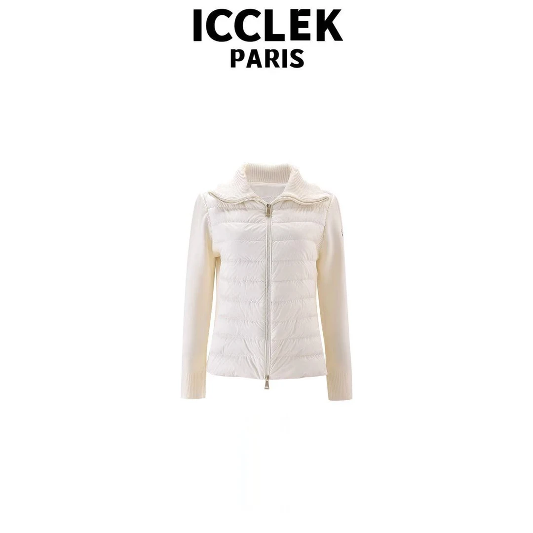 ICCLEK 设计师款白色长袖翻领拉链羽绒服冬季百搭显瘦外套 - 9202