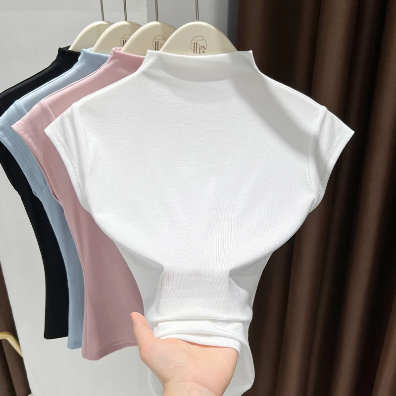 白色莱赛尔半高领冰丝短袖t恤女夏季2025新款打底衫时尚修身上衣