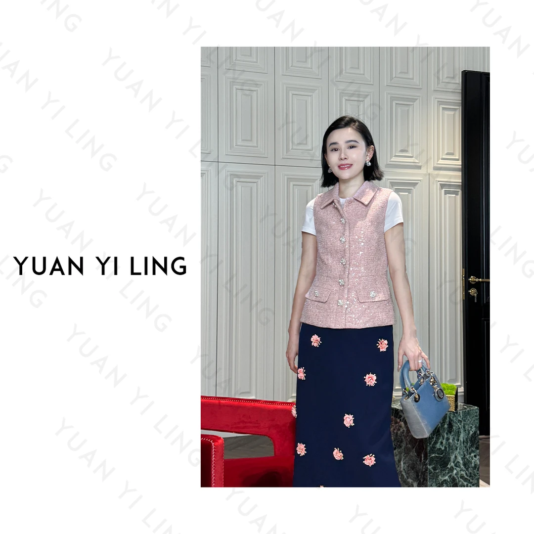 袁艺灵【粉钻】25春季法式轻奢粉色亮片花呢千金感翻领腰带女装马甲