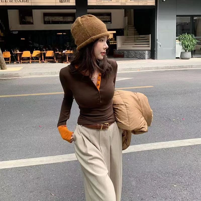 2025秋冬新款撞色假两件独特别致设计感内搭打底衫女长袖辣妹上衣