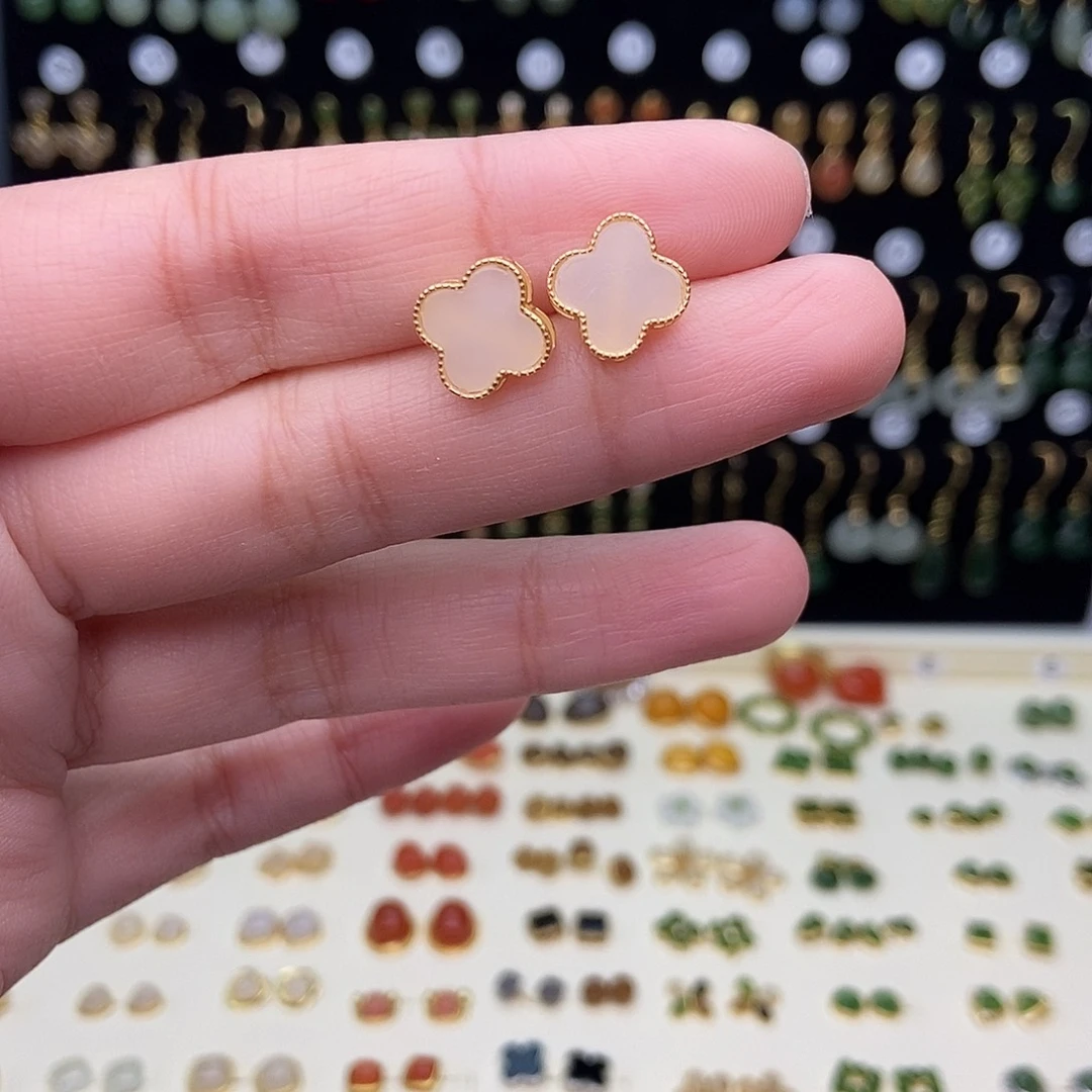 和田玉银S925镀金镶嵌耳饰