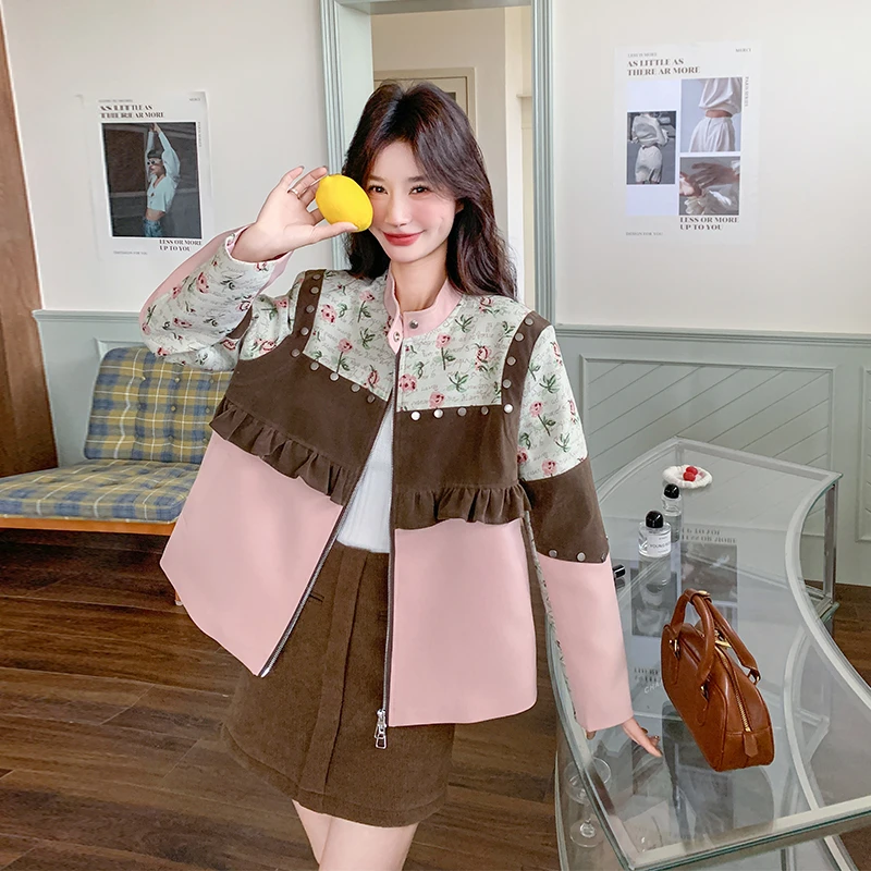 韩版设计感小香风上衣女2025春新款小众麂皮绒拼接碎花铆钉短外套