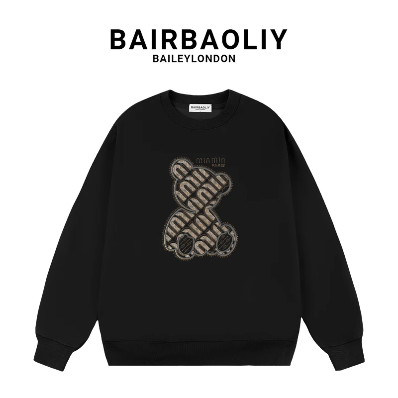 BAIRBAOLIY潮牌M字母立体钢印LOGO小熊联名款闪钻圆领卫衣男装
