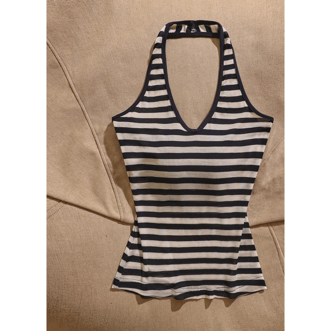 纯欲风性感辣妹气质条纹挂脖吊带背心设计感显瘦纯欲外穿小众上衣