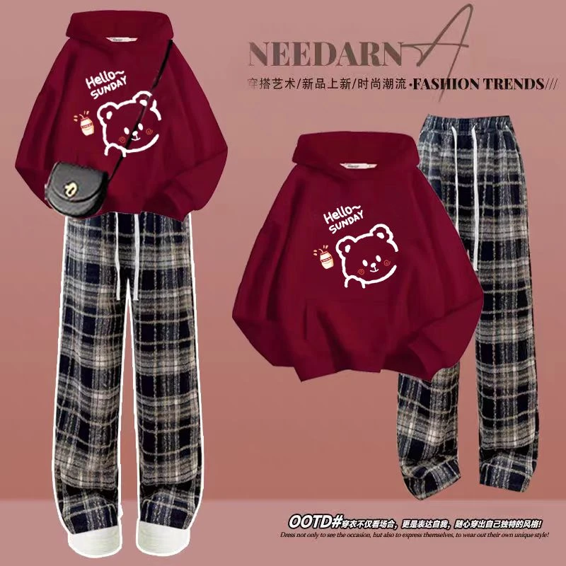 春秋初中生时尚减龄连帽上衣格子裤套装6-18岁秋冬连帽宽松两件套