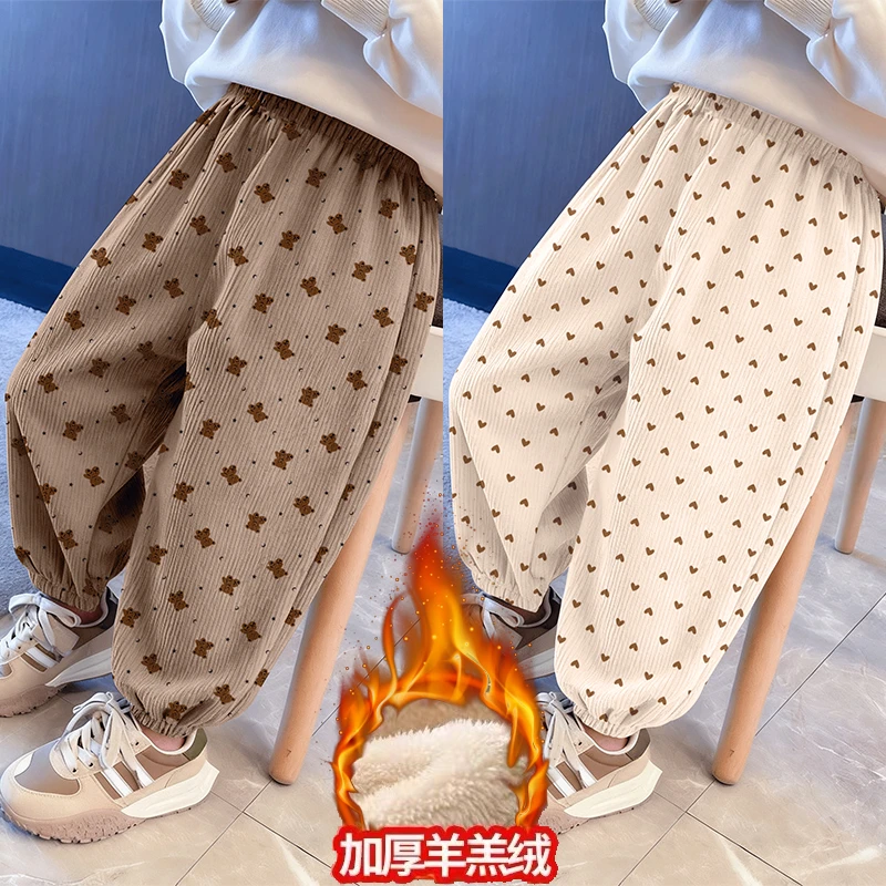 冬天保暖加厚羊羔绒儿童加绒束脚裤童装冬季新款卡通印花保温长裤