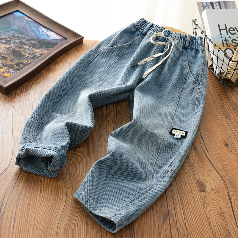 儿童纯色百搭拼接牛仔裤中大童洋气休闲长裤男童春季新款裤子潮