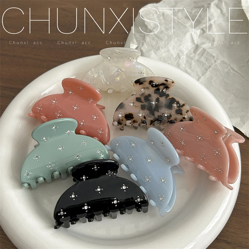 新款醋酸清新气质抓夹精致镶水钻鲨鱼夹中号发夹半扎发发饰发卡