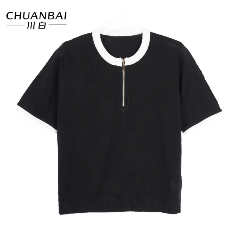CHUANBAI 川白新款撞色圆领半拉链休闲百搭简约短袖-5421