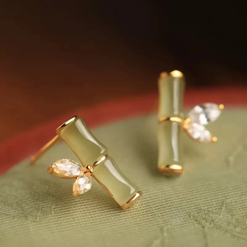 合金锆石耳饰 时尚耳钉  古风中式雅竹高级耳钉【款号163*】