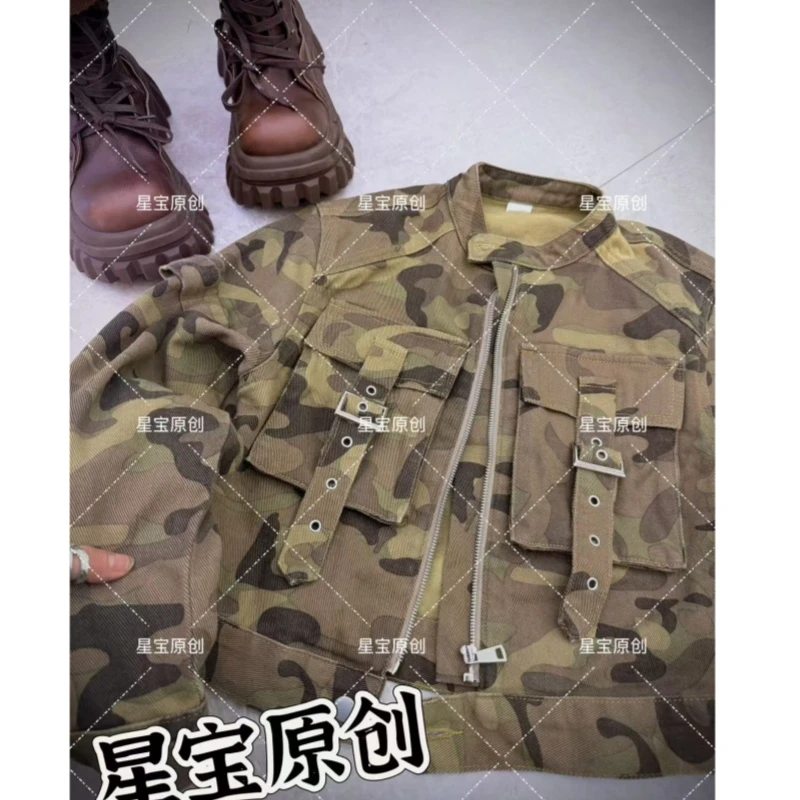 新款重工工装迷彩外套牛仔外套女时髦酷飒拉链机车风短外套2268
