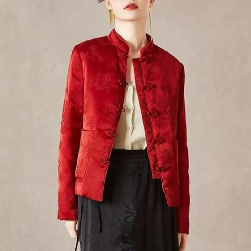 新年红色中式提花棉服女秋冬新款高级感盘扣绣花唐装短款棉袄外套