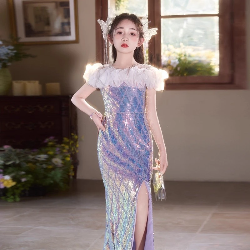 女童礼服2025新款高级感修身鱼尾走秀儿童主持人亮片钢琴公主裙夏