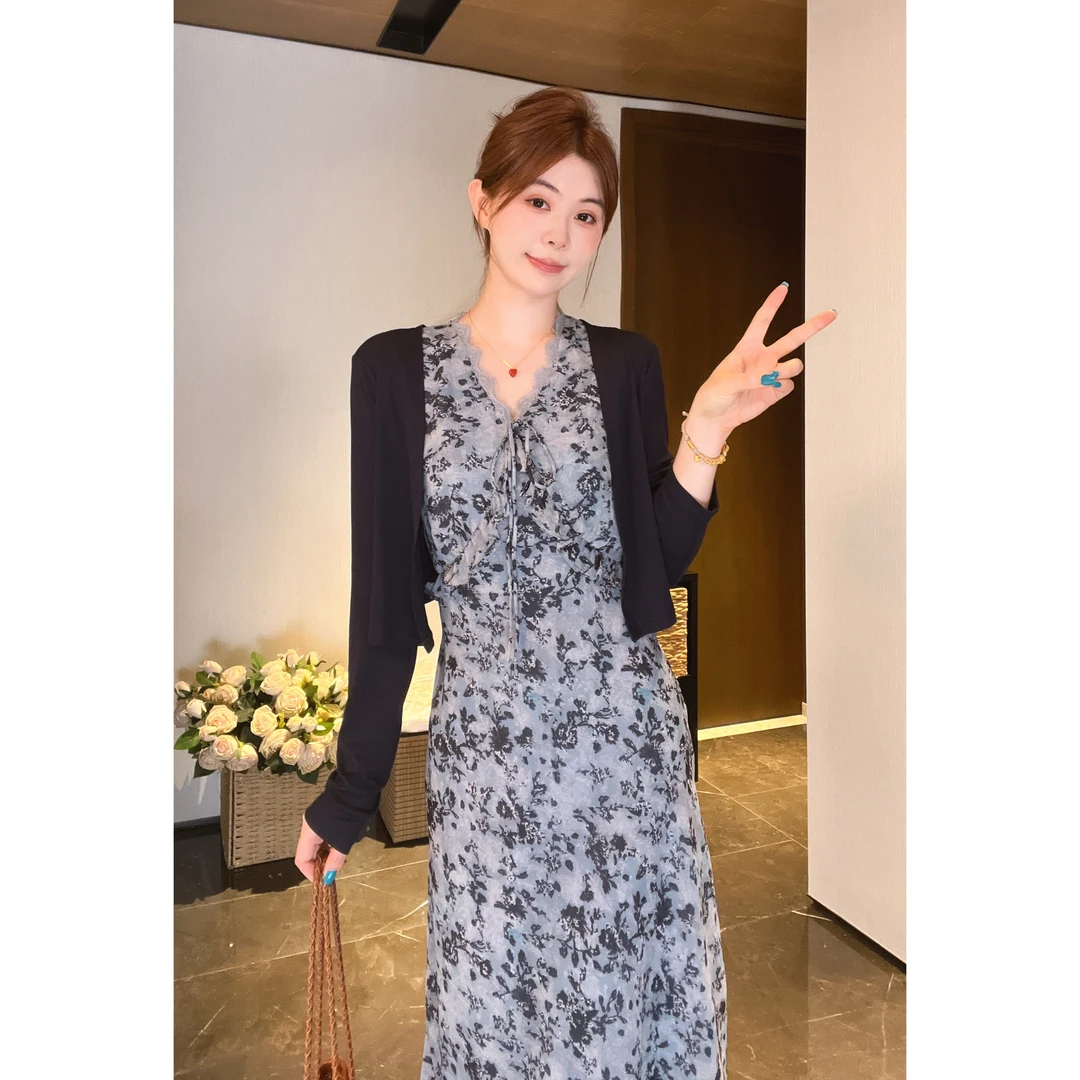 秋季（背心连衣裙+开衫）两件套收腰遮肉显瘦长袖连衣裙显瘦套装