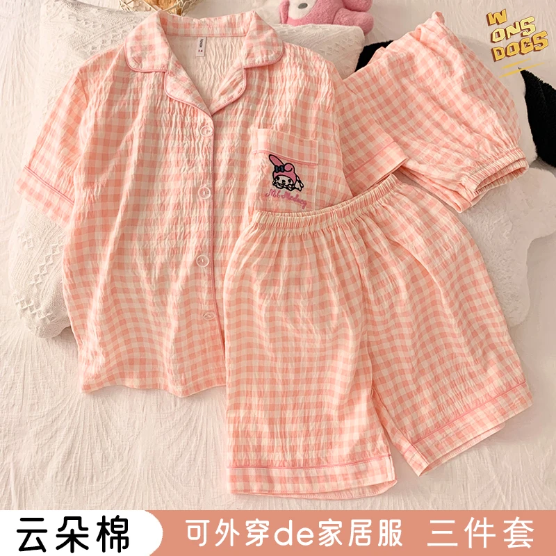 女童睡衣夏季薄款卡通甜美小女孩中大童开衫三件套睡衣家居服套装