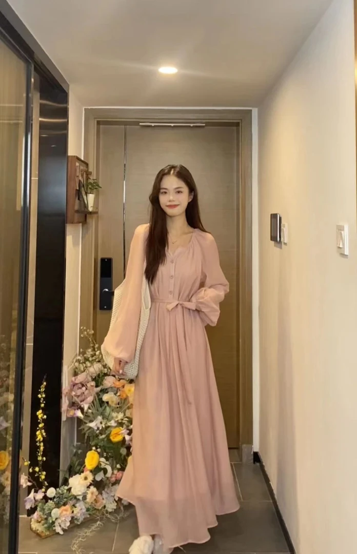 【LIANG】 蜜桃女孩穿搭~春季新款慵懒好穿温柔风连衣裙子配腰带潮