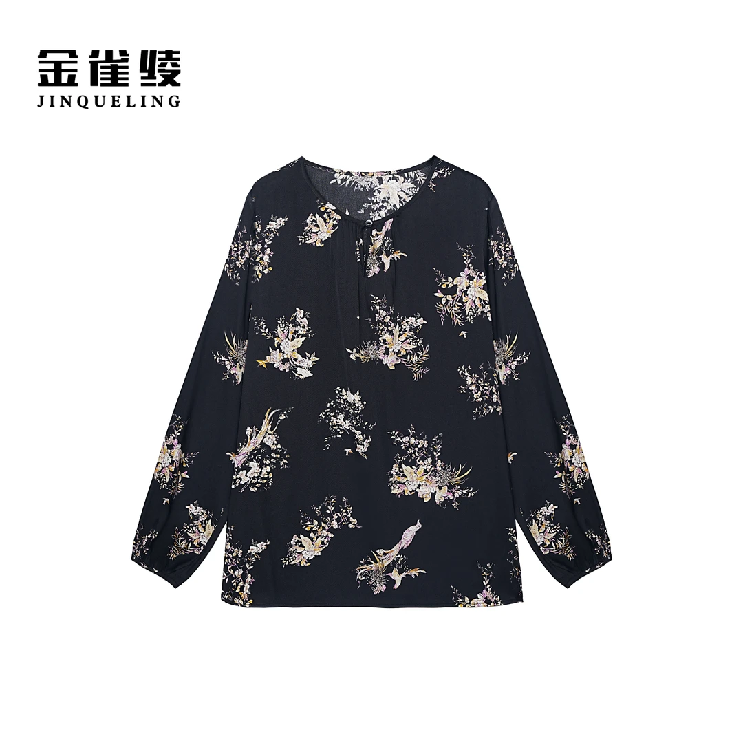 金雀绫【倦鸟归林】桑蚕丝设计师款印花圆领加宽加大衬衫SZA3SW620
