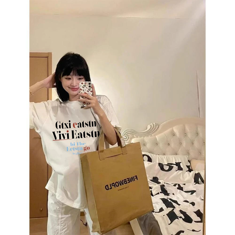 纯棉休闲短袖T恤女新款印花宽松时尚上衣百搭韩版ins夏季简约复古