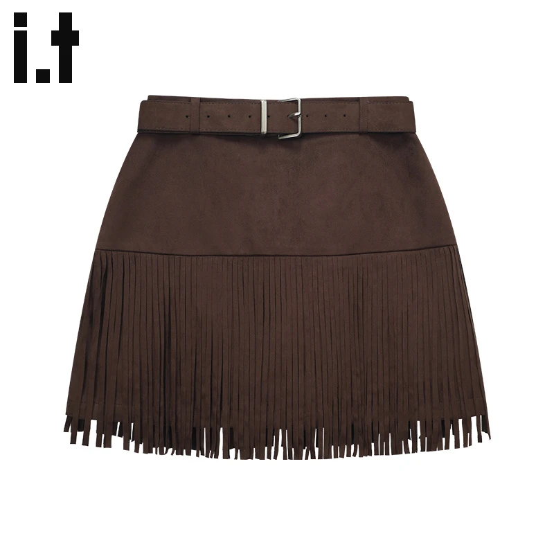 it:CHOCOOLATE美拉德穿搭短裙女秋装2025新款流苏麂皮绒A字半身裙