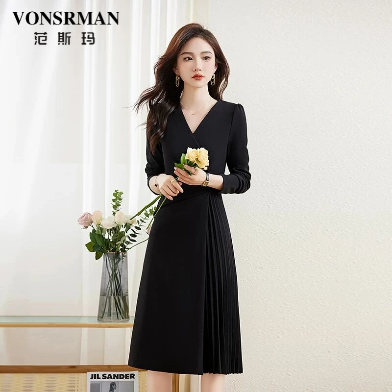 VONSRMAN连衣裙潮女春秋2025年新款黑色v领高端时尚显气质洋气