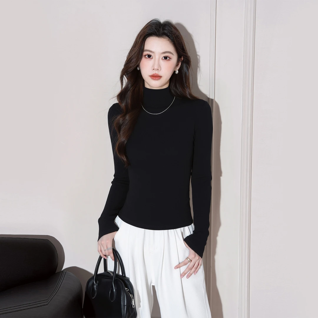 纯色高领螺纹长袖打底衫女春秋冬新款内搭修身百搭洋气长袖女t恤1
