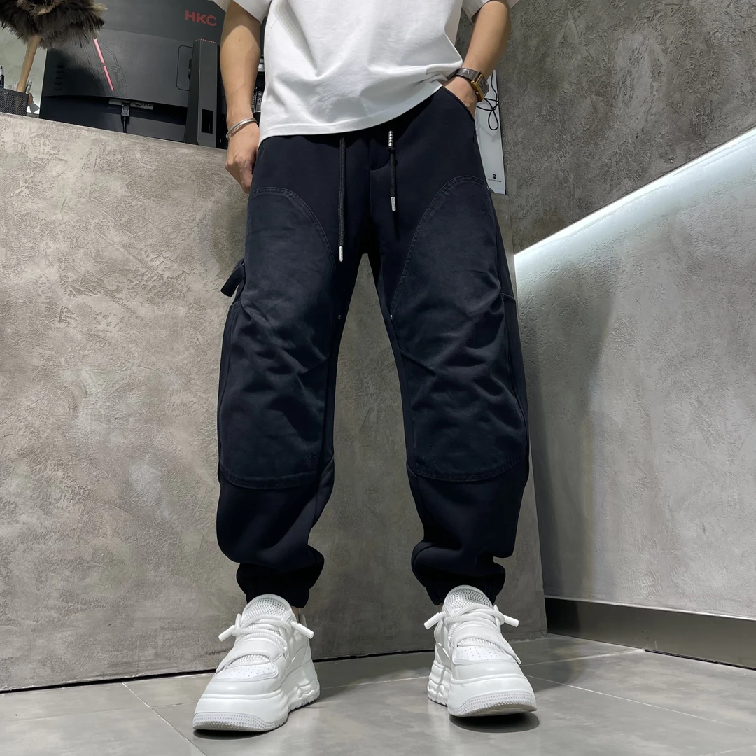 秋冬水洗磨破男士束脚休闲裤百搭宽松韩版大码工装长裤复古拼接