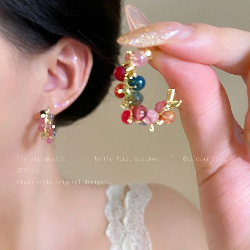 合金亚克力耳饰 森系彩色串珠耳圈女感气质耳环新款多巴胺耳饰