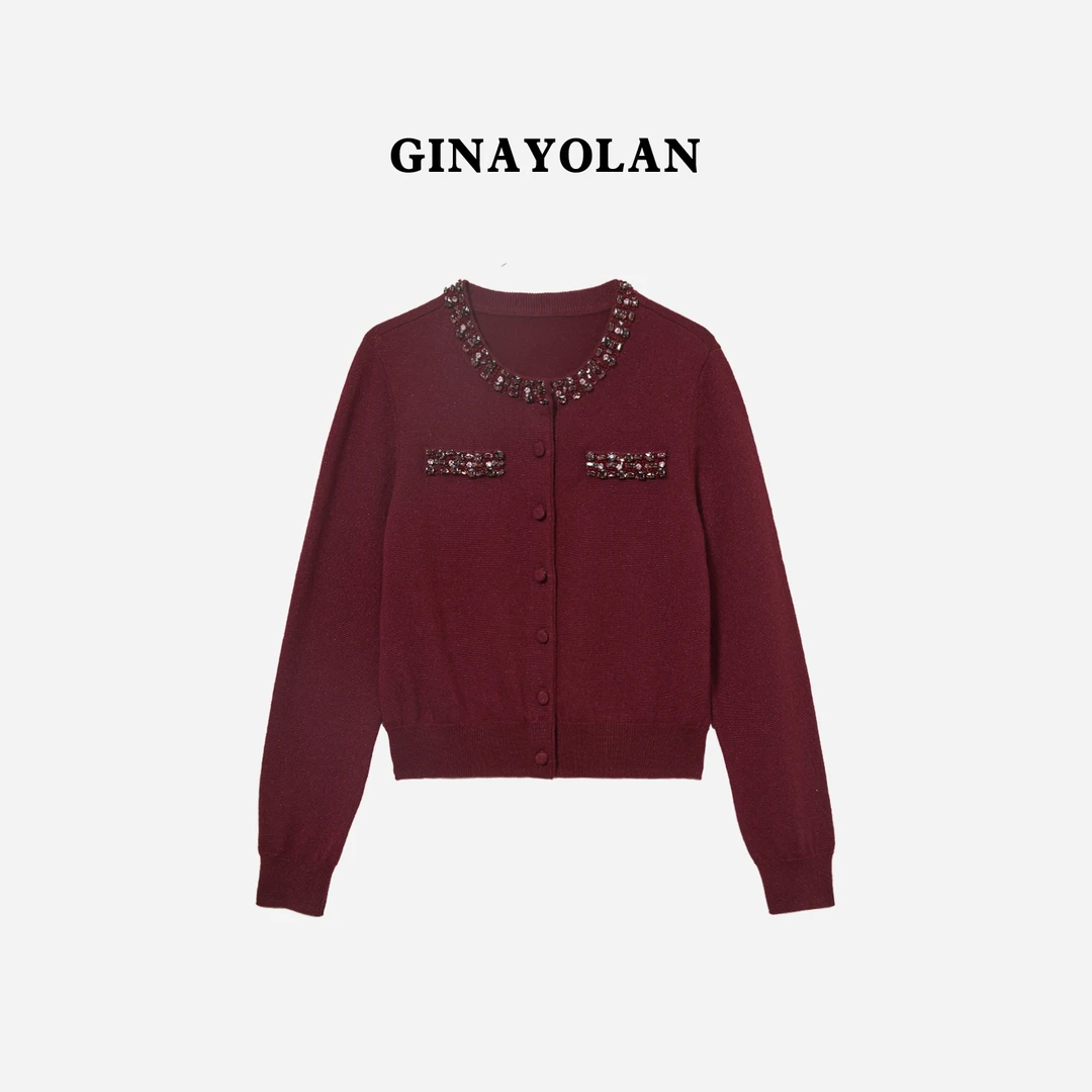 GINAYOLAN/瑾颜 【设计师系列】秋冬奢华领口钉珠圆领针织开衫外套