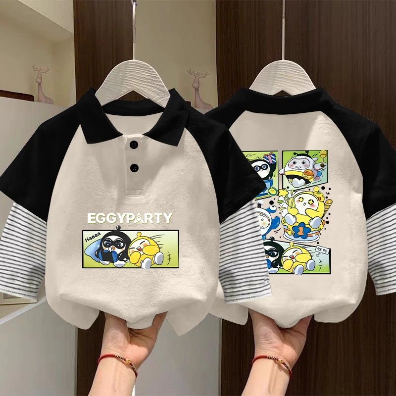 男童长袖t袖2025新款春季童装酷帅POLO衫韩版拼接衬衫假两件上衣