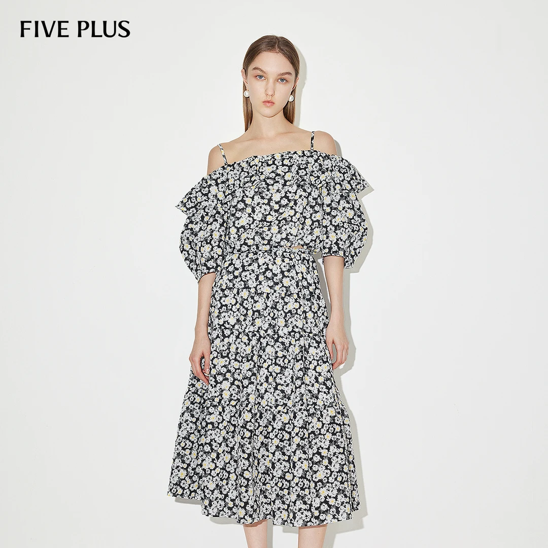 FIVE PLUS夏装衬衫女碎花上衣一字露肩衬衣雏菊荷叶边2LN2015450