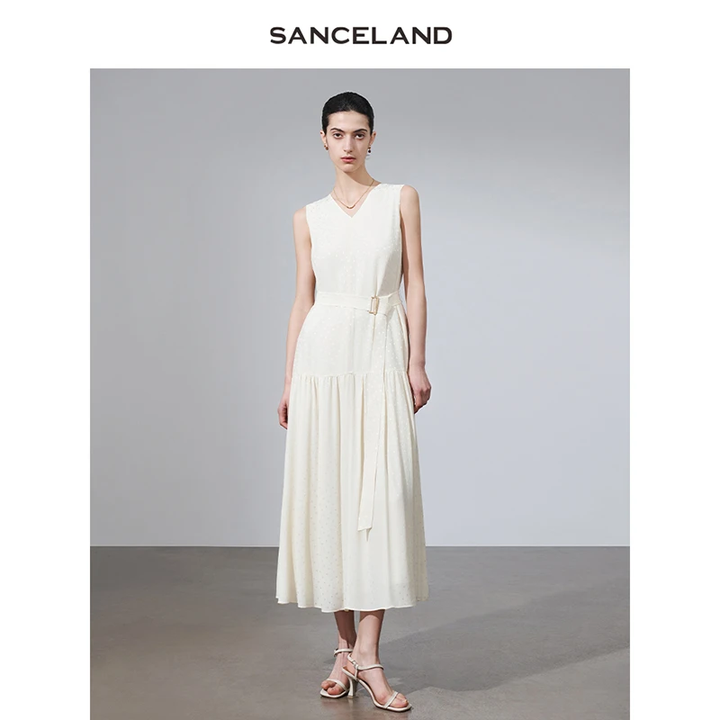 SANCELAND三石一澜25夏真丝波点仙气无袖连衣裙附腰带SJ24104170