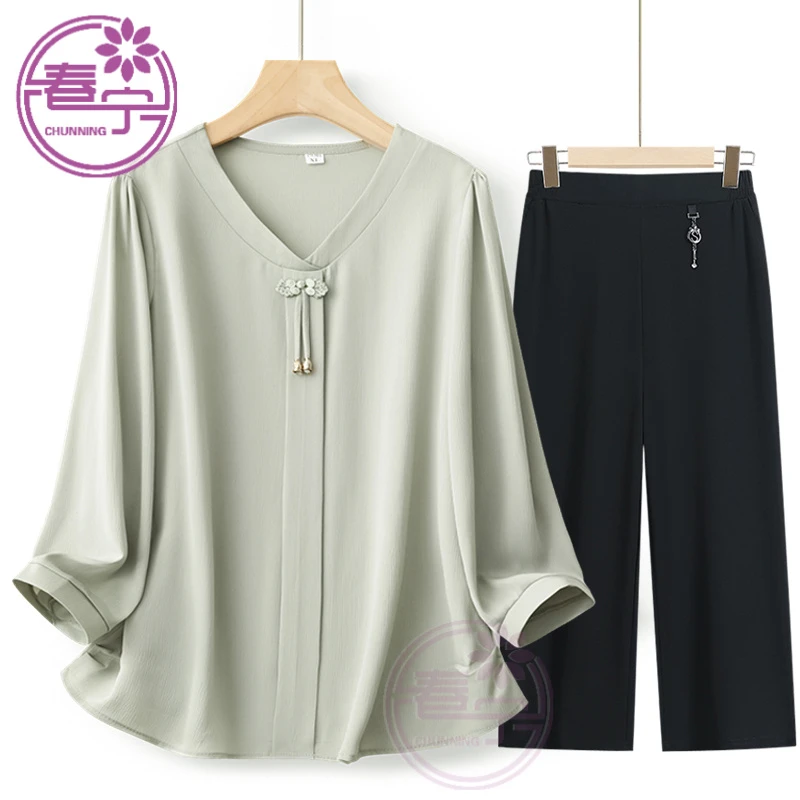 妈妈春夏装2024新款国风衬衫时尚套装上衣中老年女夏装t恤小衫