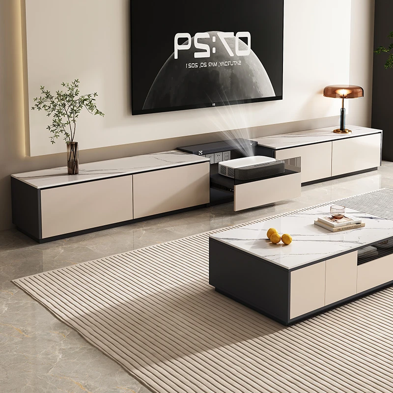 岩板激光落地电视柜茶几组合现代简约专用伸缩台隐藏式电视机矮柜